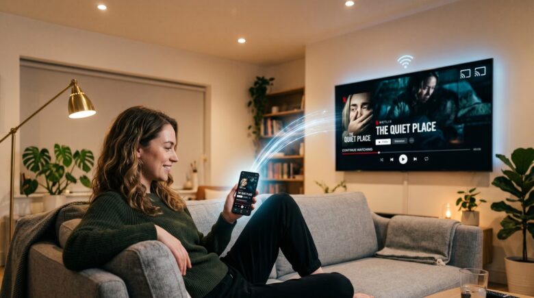 Android phone wirelessly mirroring screen to a smart TV in a living room