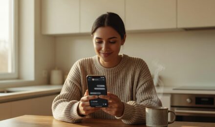 Person scheduling a text message on a smartphone