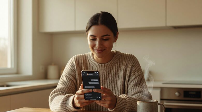 Person scheduling a text message on a smartphone