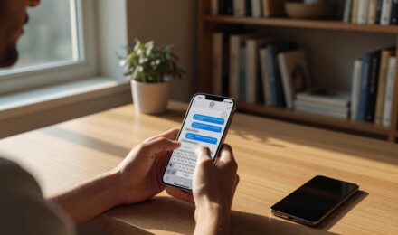 Person scheduling a text message on iPhone and Android smartphone