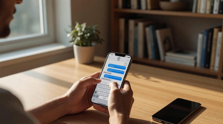 Person scheduling a text message on iPhone and Android smartphone