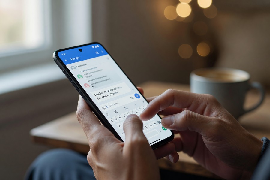 Google Messages app showing the long-press send button and schedule options menu on Android