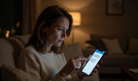 Person on smartphone reading a suspicious phishing text message with warning alert icon