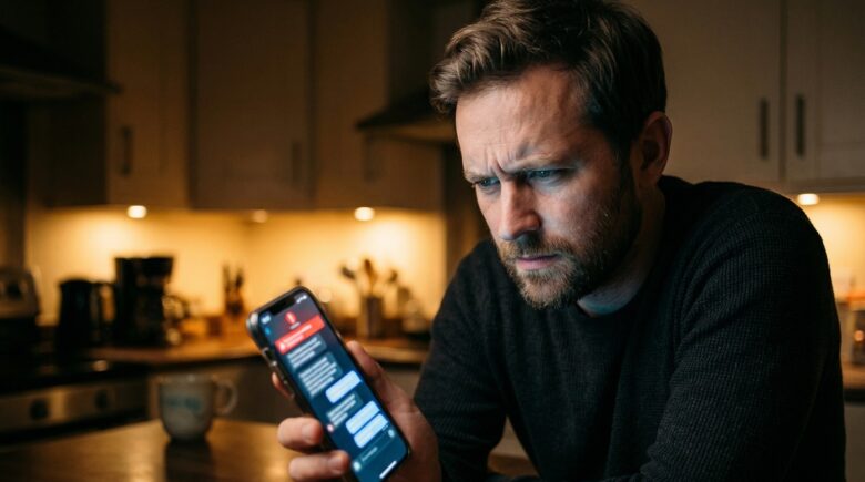 Person on smartphone spotting a phishing text message scam