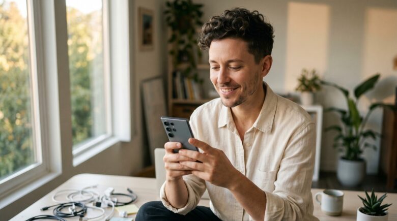 Person using a digital declutter app on a smartphone to organize files and apps