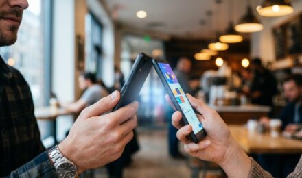 Two Android phones touching to share files using NFC