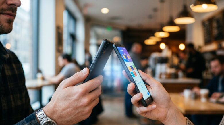 Two Android phones touching to share files using NFC