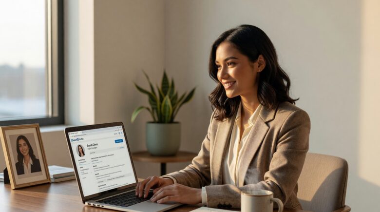 Professional person writing a LinkedIn summary on a laptop to attract recruiters and get hired