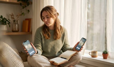 Person using a meditation app on phone beside an open guided journal for anxiety relief