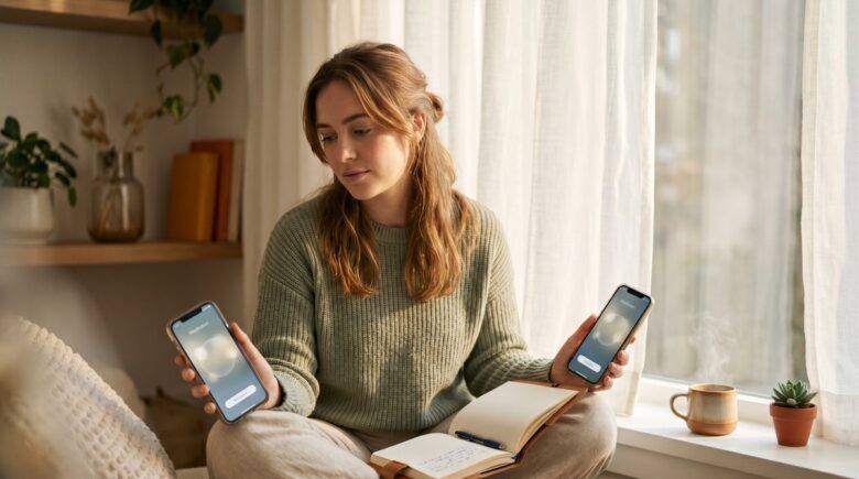 Person using a meditation app on phone beside an open guided journal for anxiety relief