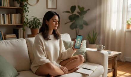 Person using a meditation app on smartphone to manage anxiety and stress