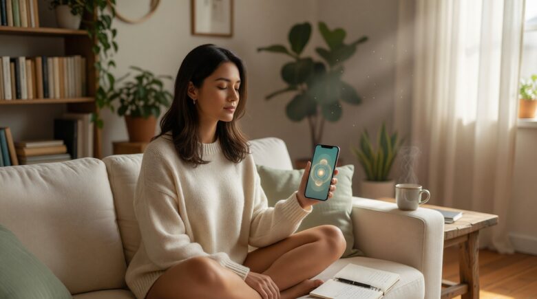 Person using a meditation app on smartphone to manage anxiety and stress