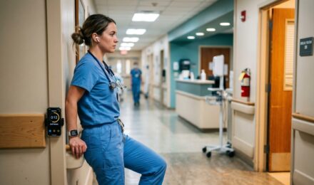A nurse using a micro workout app on her phone during a break in a hospital hallway