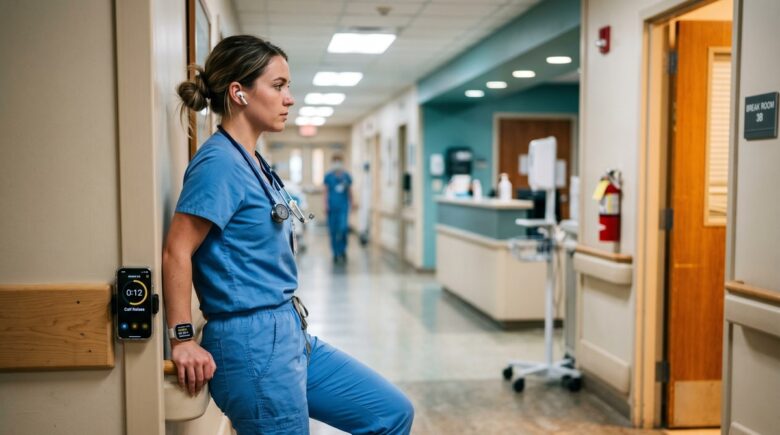 A nurse using a micro workout app on her phone during a break in a hospital hallway