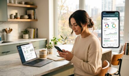 Person using a personal finance app on smartphone in 2026 showing budget and spending trends