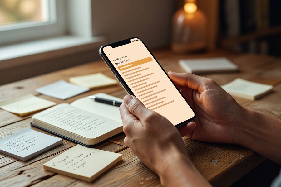 Phone screen showing a time-blocked weekly calendar with color-coded task categories