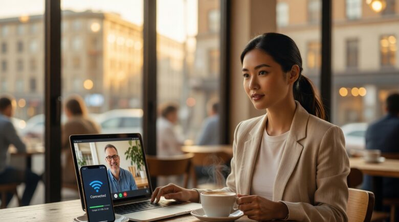 Person using phone as a personal hotspot while monitoring data usage on screen