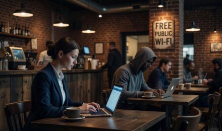 Hacker intercepting data on a public Wi-Fi network in a coffee shop