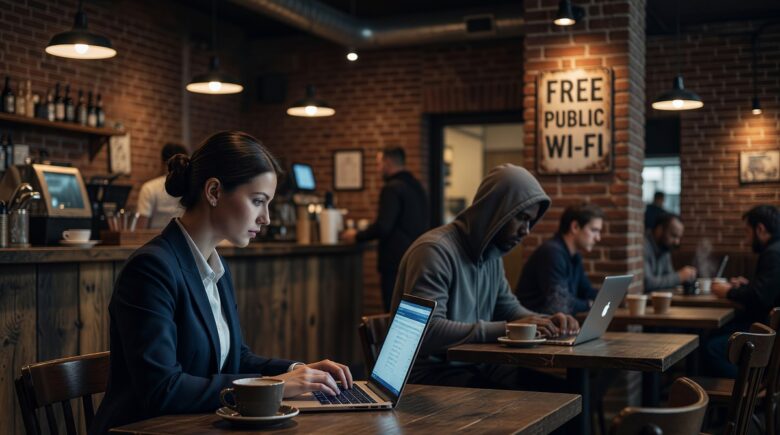 Hacker intercepting data on a public Wi-Fi network in a coffee shop
