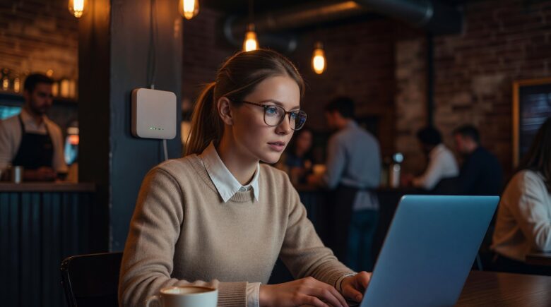 Person checking public Wi-Fi safety on a laptop in a coffee shop