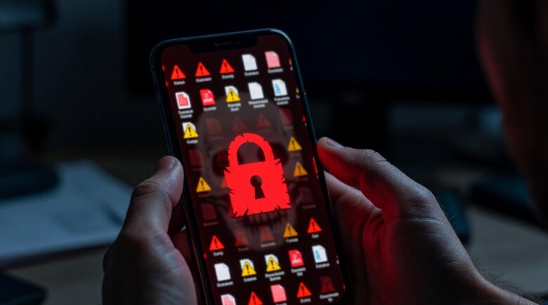 Ransomware attack warning screen displayed on a mobile device