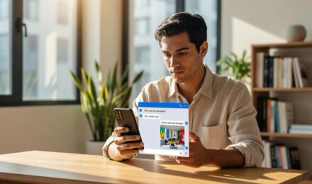 Side-by-side comparison graphic showing RCS vs SMS difference on a smartphone screen