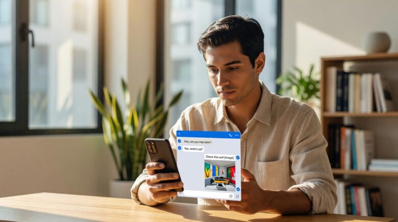 Side-by-side comparison graphic showing RCS vs SMS difference on a smartphone screen