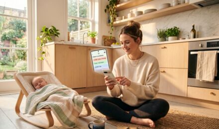 New mom using a routine app on her smartphone while managing her daily schedule at home
