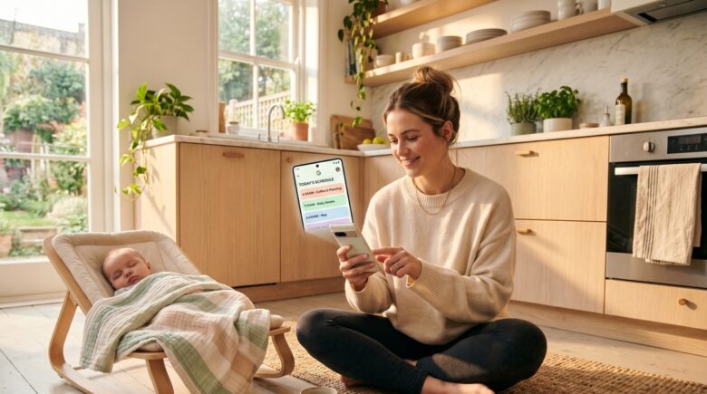 New mom using a routine app on her smartphone while managing her daily schedule at home