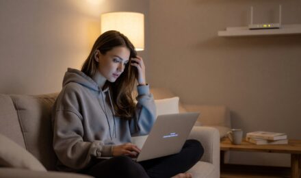 Renter on laptop making shared wifi security mistakes in apartment common area