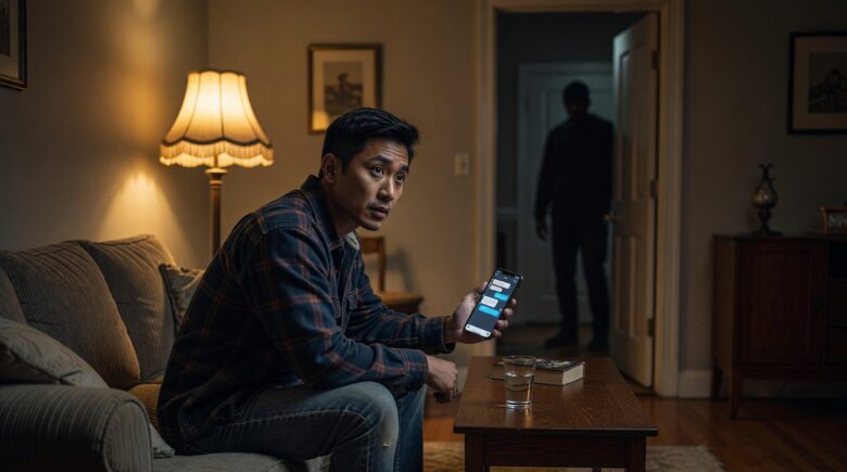 Person looking suspiciously at their phone concerned about someone spying on their text messages