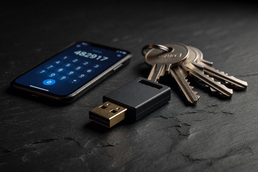 Side-by-side comparison of SMS authentication, authenticator app, and hardware security key methods