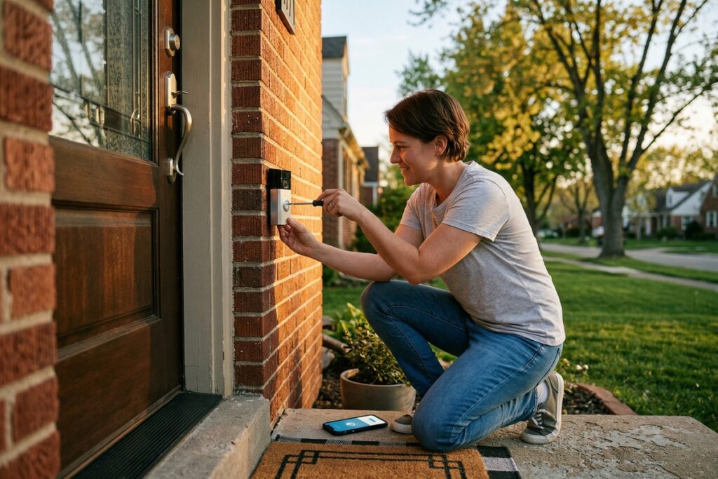 Person setting up a smart doorbell on a front door without professional installation