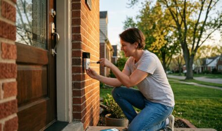 Person setting up a smart doorbell on a front door without professional installation