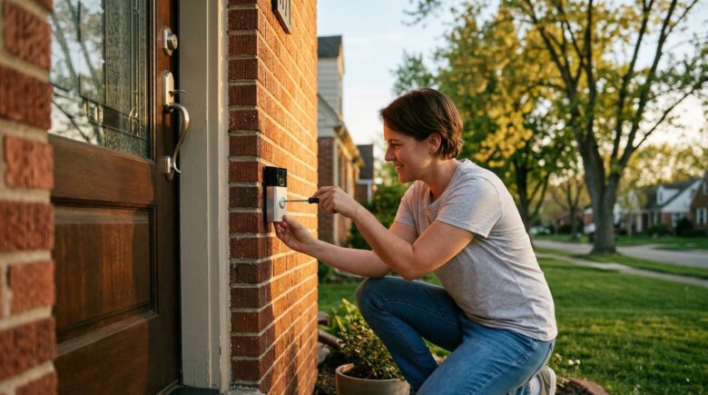 Person setting up a smart doorbell on a front door without professional installation