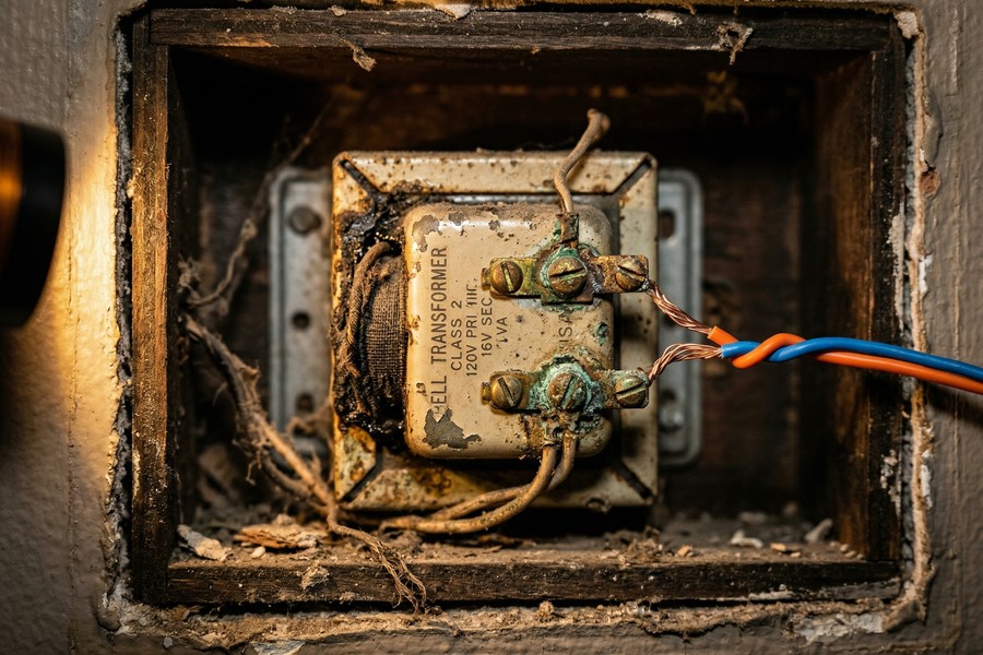 Diagram showing doorbell transformer wiring connections at chime unit with voltage labels