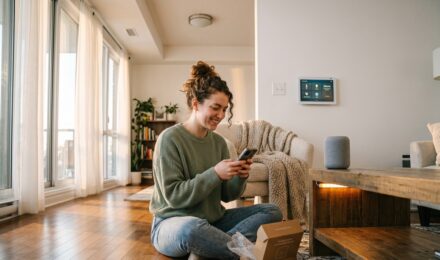 Renter setting up smart home devices in an apartment without drilling or modifications