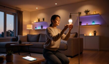Person setting up smart lighting in a home living room using a smartphone app