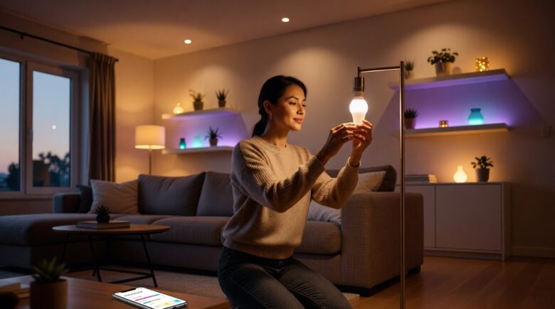 Person setting up smart lighting in a home living room using a smartphone app