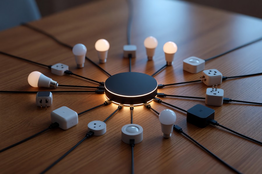 Smart lighting hub connected to router with multiple Zigbee bulbs networked across a home floor plan