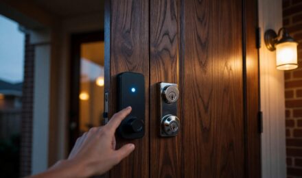 Smart lock and traditional deadbolt side by side on a front door for security comparison