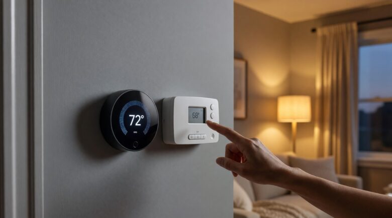 Smart thermostat vs programmable thermostat side by side comparison on a home wall