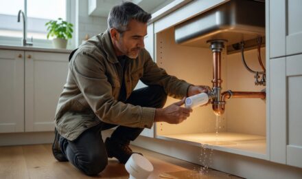 Smart water leak detector placed near a pipe next to an automatic shut-off valve in a home utility room