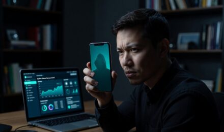 Spyware on phone illustration showing a hacker monitoring a smartphone remotely