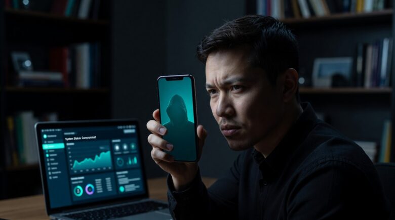 Spyware on phone illustration showing a hacker monitoring a smartphone remotely
