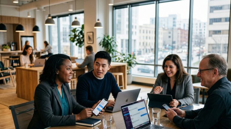 Best messaging apps for business teams displayed on laptop and smartphone screens in 2026