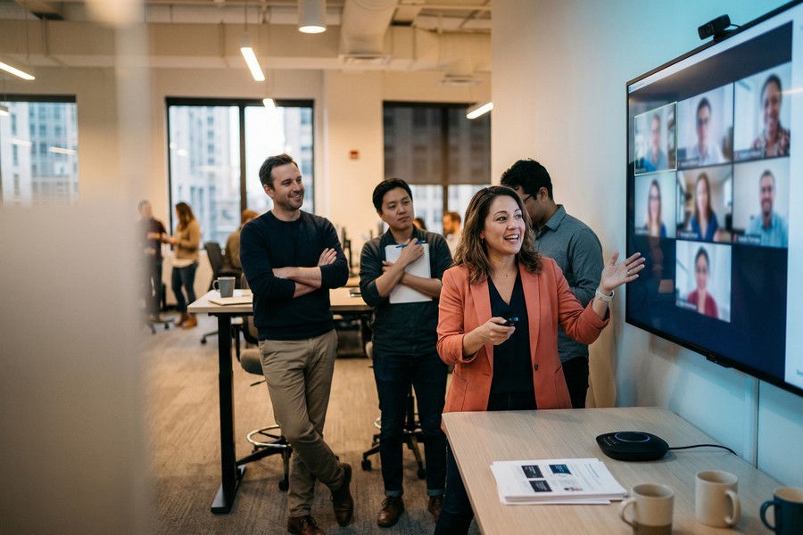 Zoom Team Chat interface showing channel list, message thread, and integrated video meeting panel