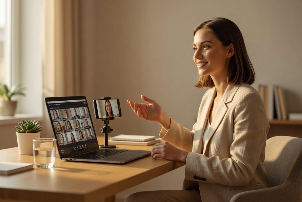 Person using a smartphone mounted on a laptop as a webcam for a video call