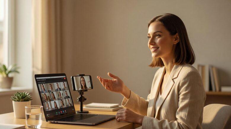 Person using a smartphone mounted on a laptop as a webcam for a video call