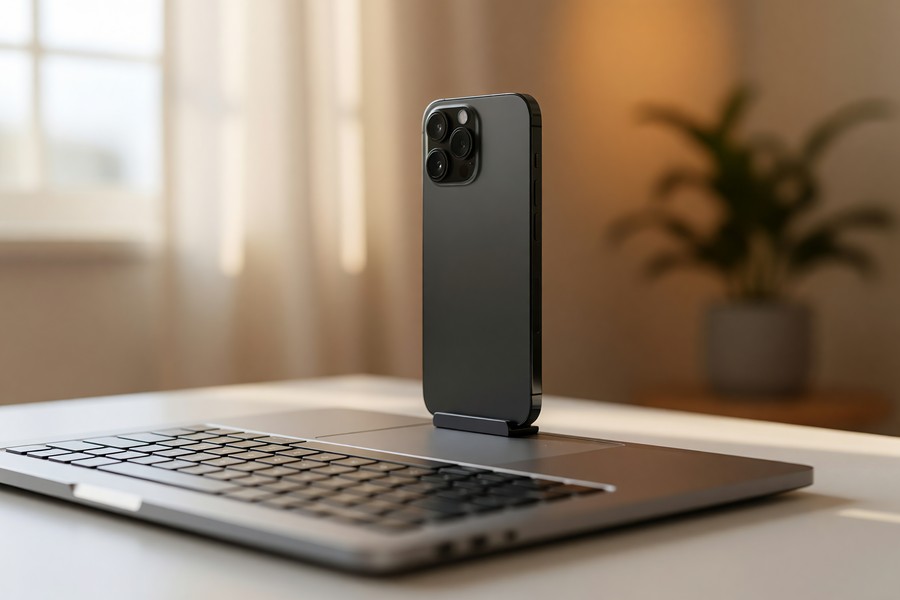 iPhone mounted on a MacBook monitor using Continuity Camera with Center Stage active